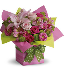 Teleflora's Pretty Pink Present from Designs by Dennis, florist in Kingfisher, OK